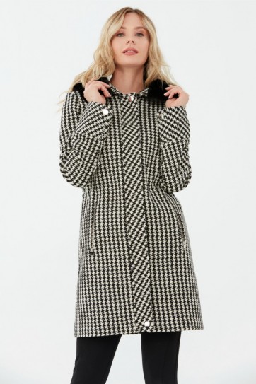 Kapüşonu Kürklü Kazayağı Fermuarlı Kaban