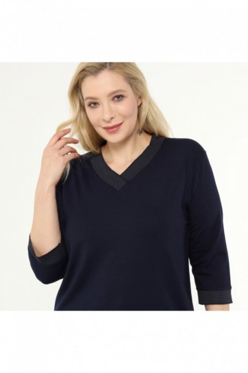 Büyük Beden V Yaka Ribanalı Penye Bluz