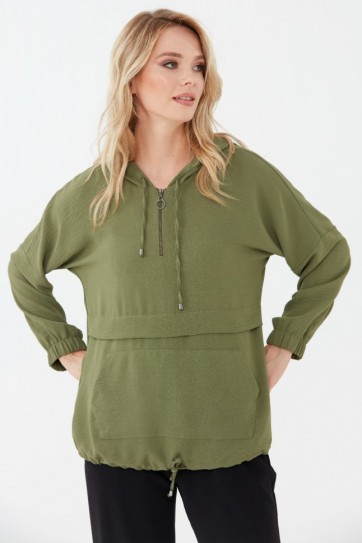 Kapüşonlu Fermuarlı Kanguru Cep Bluz