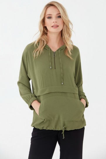 Kapüşonlu Fermuarlı Kanguru Cep Bluz