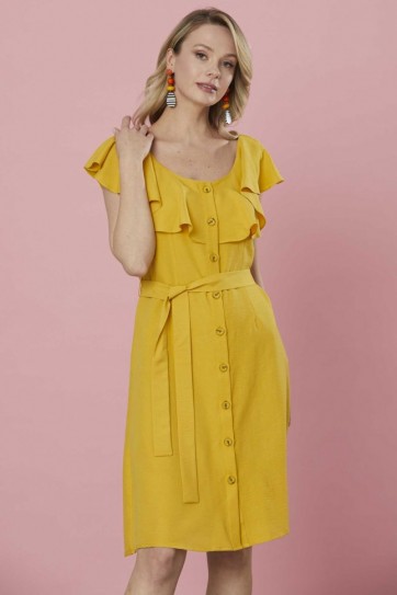 Yakası Volanlı Önü Düğmeli Elbise