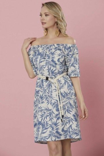 Yakası Lastikli Kemerli Keten Emprime Elbise