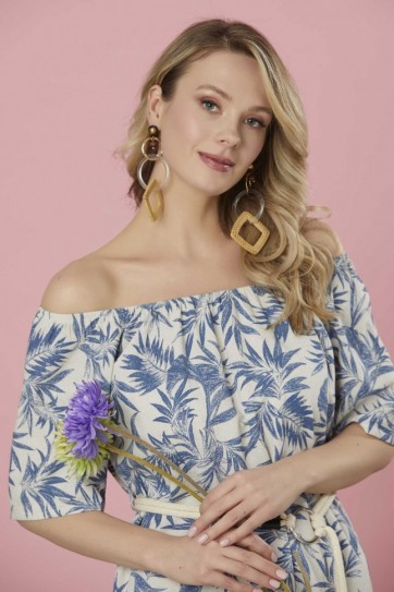 Yakası Lastikli Kemerli Keten Emprime Elbise