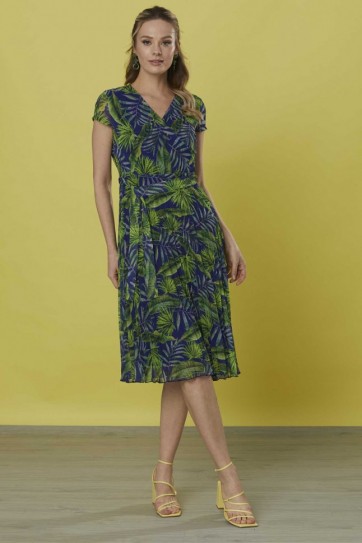 Eteği Pliseli Büyük Palmiye Desen Elbise