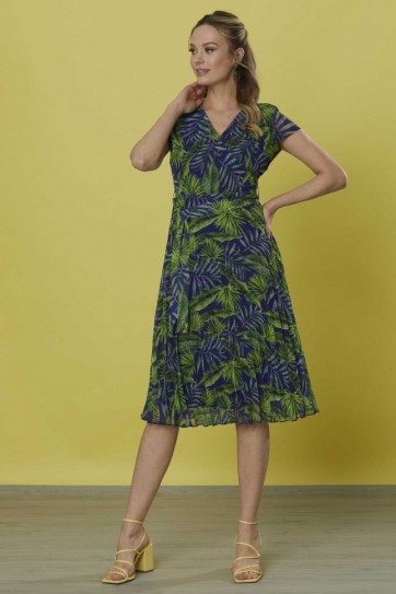 Eteği Pliseli Büyük Palmiye Desen Elbise