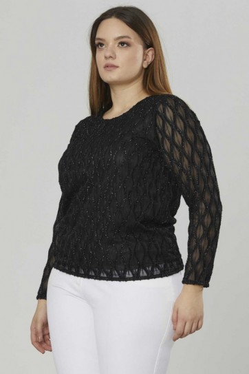 Büyük Beden Uzun Kol Simli Bluz