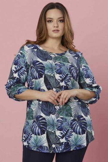 Büyük Beden Yanları Yırtmaçlı Palmiyeli Bluz