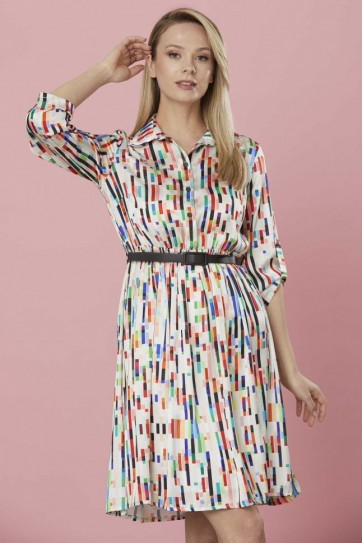 Gömlek Yaka Kemerli Emprime Elbise