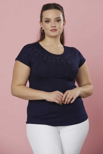 Büyük Beden Önü Taşlı Düşük Kol Penye Bluz