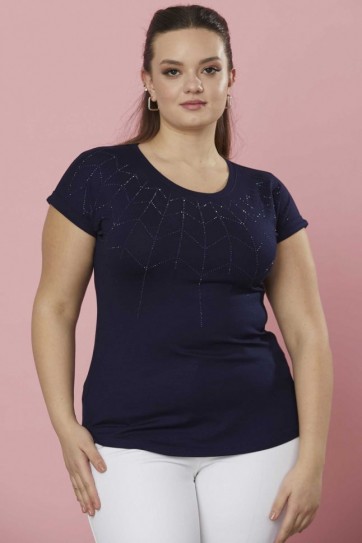 Büyük Beden Önü Taşlı Düşük Kol Penye Bluz