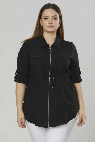 Büyük Beden Önü Fermuarlı Dıştan Cep Ceket