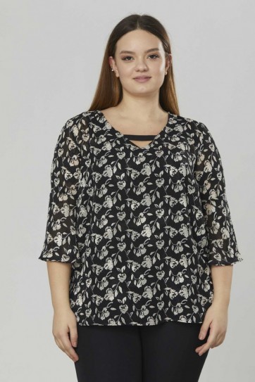 Büyük Beden Kolu Volanlı Yakası Bantlı Bluz