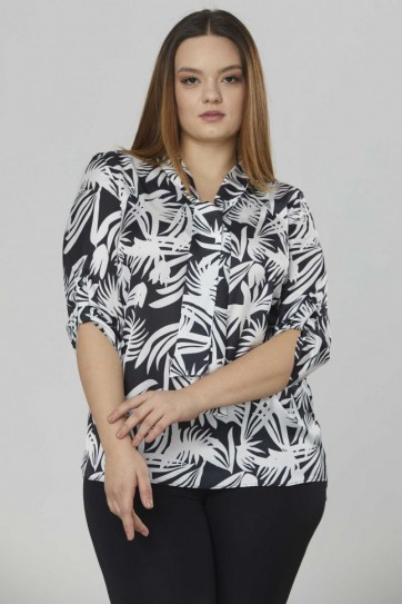 Büyük Beden Yakası Bağlamalı Emprime Bluz