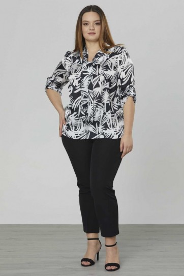 Büyük Beden Yakası Bağlamalı Emprime Bluz