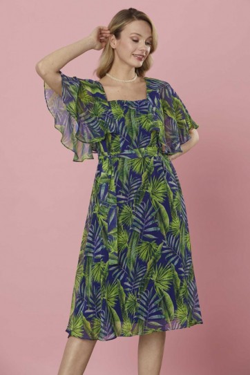 Kare Yaka Önü Volanlı Palmiye Desen Elbise