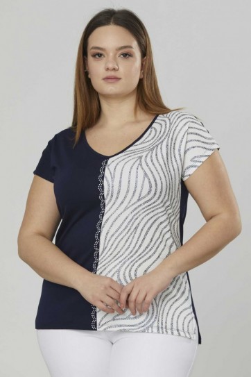 Büyük Beden Yanı Emprime Taşlı Penye Bluz