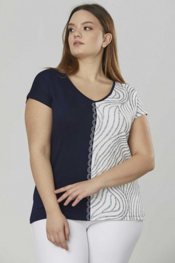 Büyük Beden Yanı Emprime Taşlı Penye Bluz