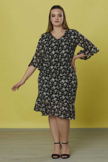 Büyük Beden V Yaka  Kolu ve Etek Ucu Volanlı Elbise