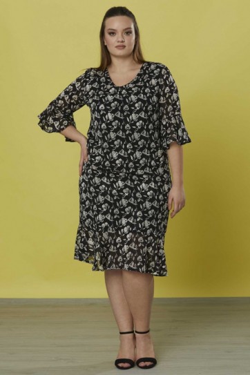 Büyük Beden V Yaka  Kolu ve Etek Ucu Volanlı Elbise