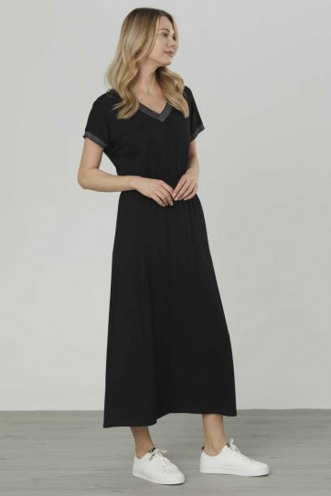 Yaka ve Kol Ucu Ribanalı Uzun Penye Elbise