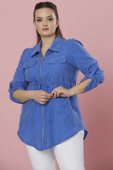 Büyük Beden Önü Fermuarlı Dıştan Cep Ceket