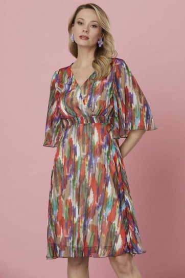 Üstü Kruvaze Sulu Boya Desenli Elbise