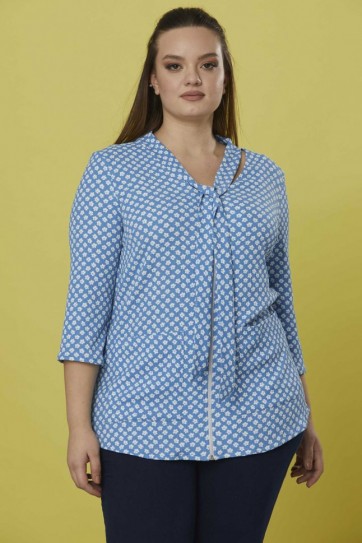 Büyük Beden Önü Fermuarlı Fularlı  Bluz