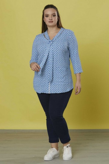 Büyük Beden Önü Fermuarlı Fularlı  Bluz