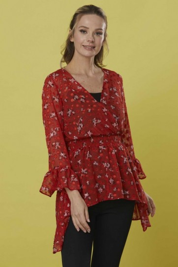 Kruvaze Kol Ucu Volanlı Emprime Bluz