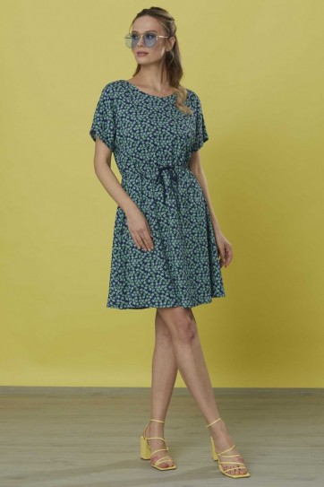 Düşük Kol Belden Bağlamalı Çıtır Çiçek Elbise