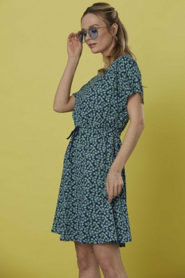 Düşük Kol Belden Bağlamalı Çıtır Çiçek Elbise