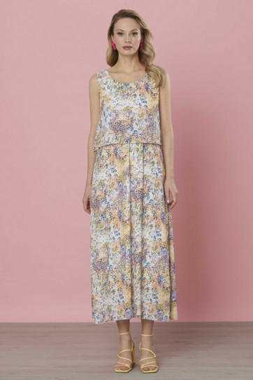 İki Kat Emprime Kolsuz Elbise