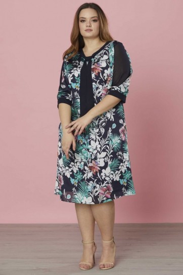 Büyük Beden Yaka Kravatlı Kolu Kombinli Elbise