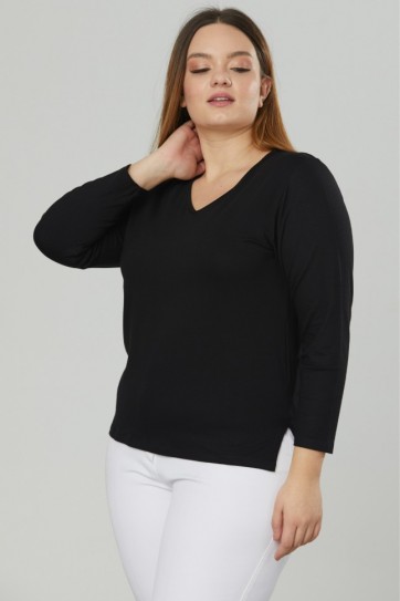 Büyük Beden V Yaka Uzun Kol Penye Bluz