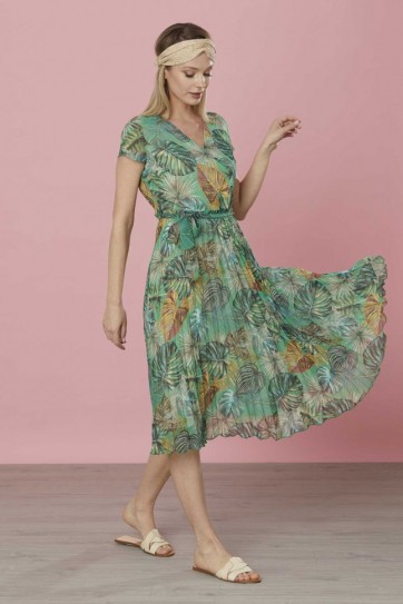 Eteği Pliseli Palmiye Desenli Elbise