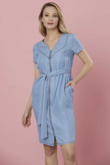 Önü Fermuarlı V Yaka Elbise