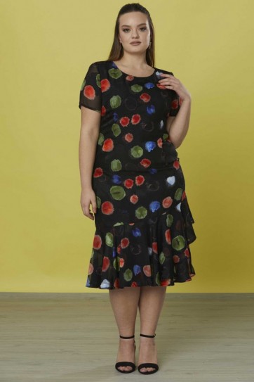 Büyük Beden Etek Ucu Çift Kat Puantiyeli Elbise