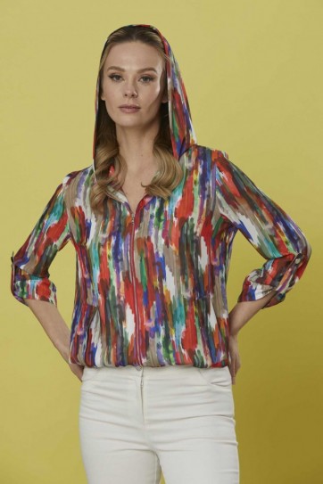 Önü Fermuarlı Kapüşonlu Emprime Ceket