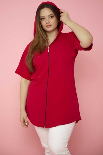 Büyük Beden Kapüşonlu Arkası Nakışlı Bluz