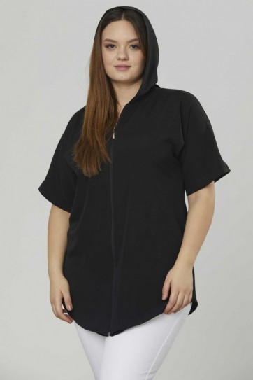 Büyük Beden Kapüşonlu Arkası Nakışlı Bluz