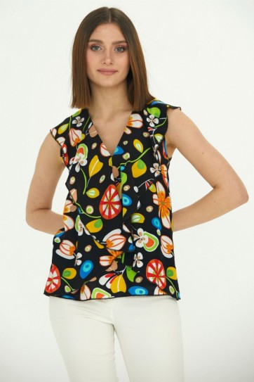 Yakası Volanlı Kolsuz Emprime Bluz