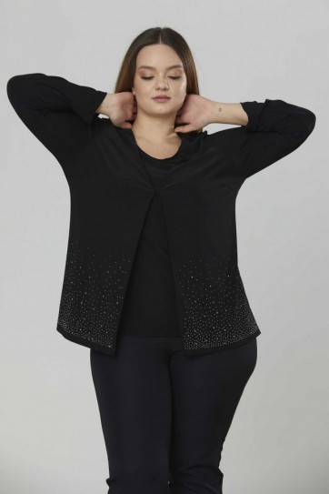 Büyük Beden İkili Görünümlü Etek Ucu Taşlı Bluz