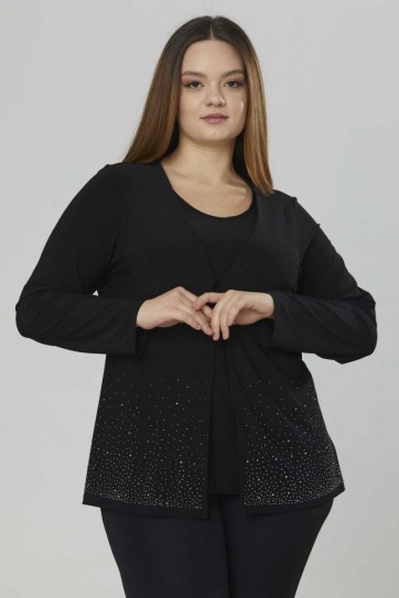 Büyük Beden İkili Görünümlü Etek Ucu Taşlı Bluz