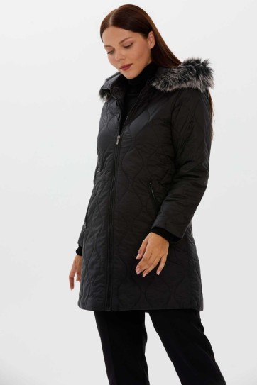 Büyük Beden Kapüşonu Kürklü Kapitone Mont