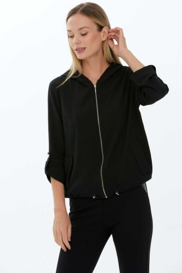 Kapüşonlu Önü Fermuarlı Kolu Kıvırmalı Bluz