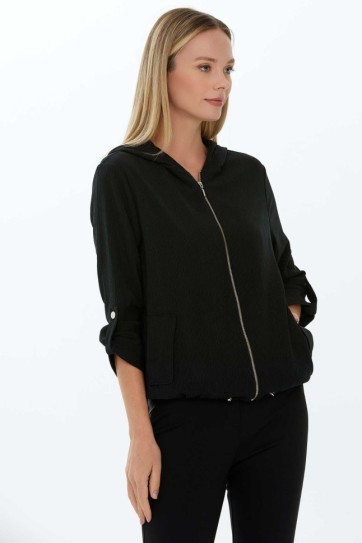 Kapüşonlu Önü Fermuarlı Kolu Kıvırmalı Bluz