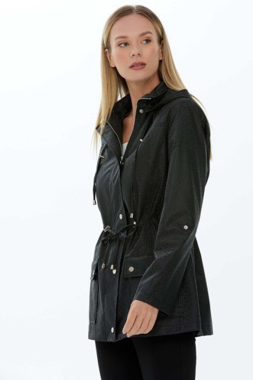 Beli Büzgülü Dik Yaka Kapüşonlu Trençkot