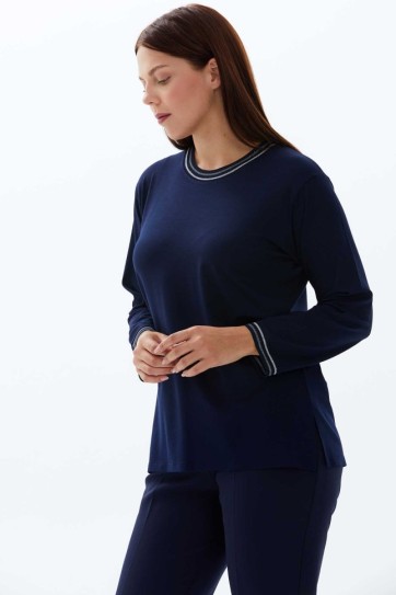 Büyük Beden Sıfır Yaka Kol Ucu Ribanalı Penye Bluz