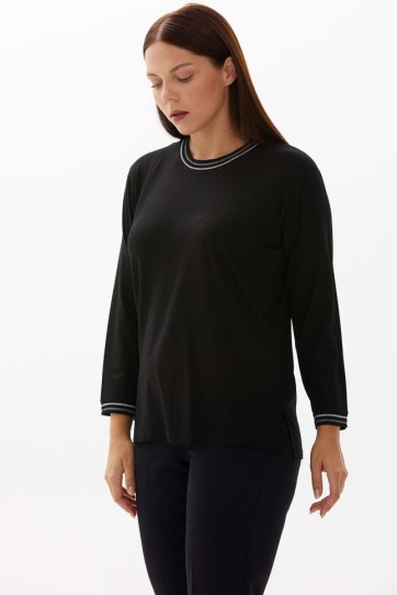 Büyük Beden Sıfır Yaka Kol Ucu Ribanalı Penye Bluz