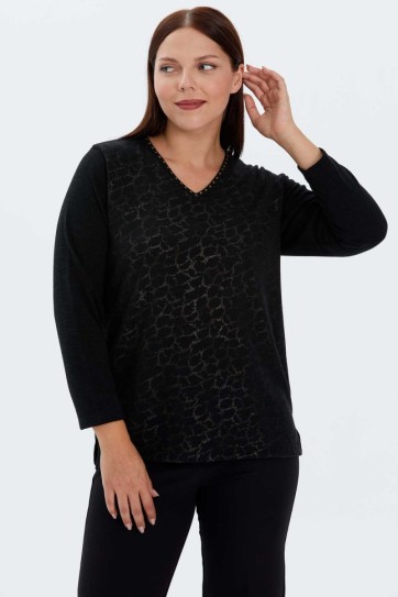 Büyük Beden Önü Baskılı V Yaka Triko Bluz
